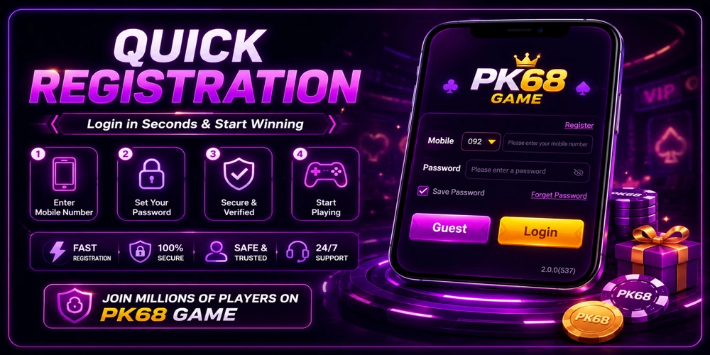PK68 Game login and registration guide banner